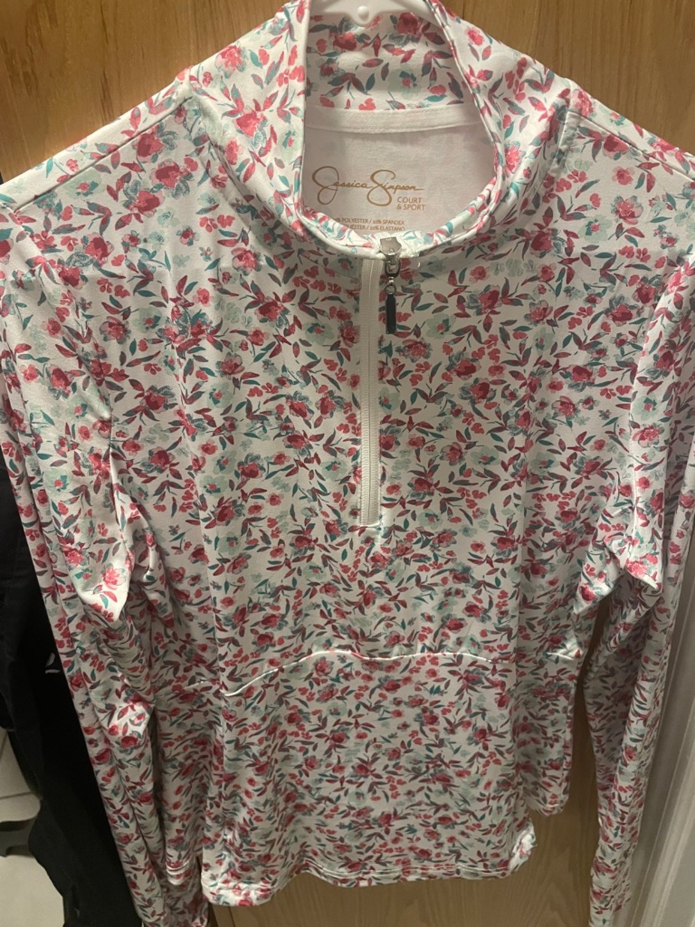 Jessica Simpson White Floral Half-Zip Pullover with Pink & Green